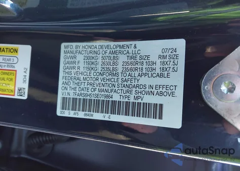 2025 Honda Cr-V Hybrid Sport z USA, uszkodzony, nr VIN 7FARS6H51SE019864